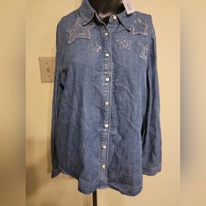 NWT Chico's Sz 6 Denim Patriotic Amerivan Star Shirt